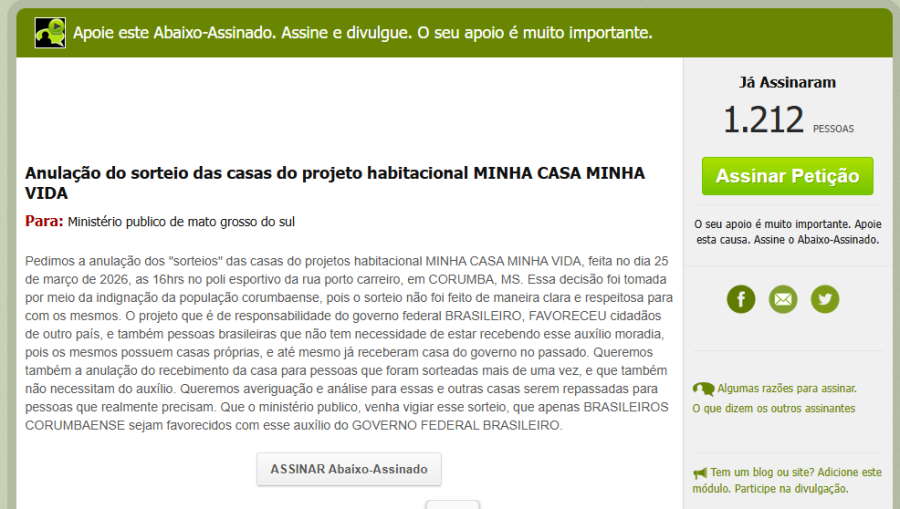 Abaixo-assinado pede anulação de sorteio de casas dos residenciais Ipês I e II